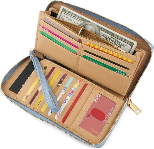 Miniatura 2 de WOZEAH - Cartera de piel sintética con cremallera y bloqueo RFID para mujer, ideal para viajar