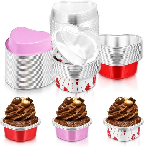 Miniatura 8 de Cunhill 60 juegos de moldes para pasteles en forma de corazón con tapas, 3.4 onzas líquidas, papel de aluminio, mini moldes desechables para blanco