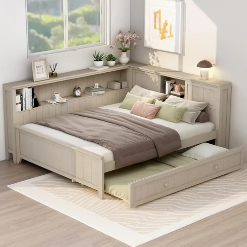 Miniatura 17 de Sofá cama de tamaño matrimonial con 4 cajones, marco de madera con 2 armarios de noche y estantes superiores, marrón antiguo