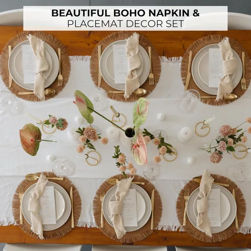 Miniatura 5 de Juego de 6 manteles individuales decorativos bohemios con servilletas con textura de lino a juego - Hermosa decoración natural que realza tu comedor