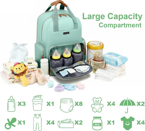 Miniatura 6 de Mochila para pañales con cambiador, organizador de bolsas de pañales para mamás, papás, bolsas cambiadoras grandes para bebés Verde claro