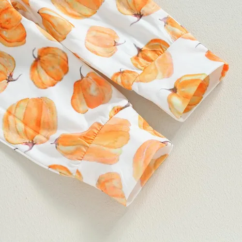 Miniatura 5 de Ropa de invierno para bebé niña, sudadera de cuello redondo con diseño de calabaza, pantalones deportivos de flores, diadema para niños pequeños