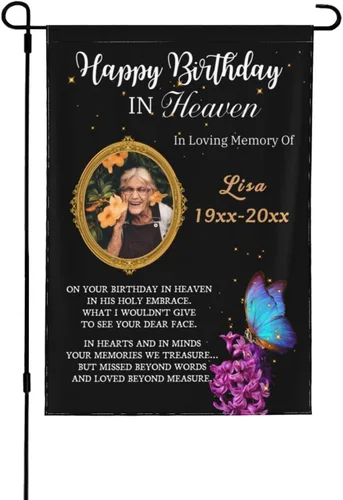 Miniatura 10 de Bandera de memoria personalizada con nombre de foto, fecha, letrero funerario personalizado, bandera conmemorativa personalizable para jardín, Cielo