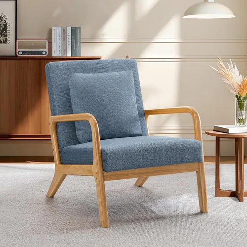 Miniatura 9 de ELUCHANG Silla decorativa moderna de mediados de siglo con almohada lumbar, sillón tapizado, tela de lino, cómoda silla auxiliar de lectura