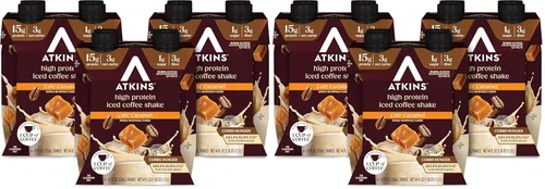 Atkins-Batido proteico de café helado con caramelo, 0.53 oz de proteína, bajo índice glucémico, 0.11 oz de carbohidratos netos, 0.03 oz de azúcar,