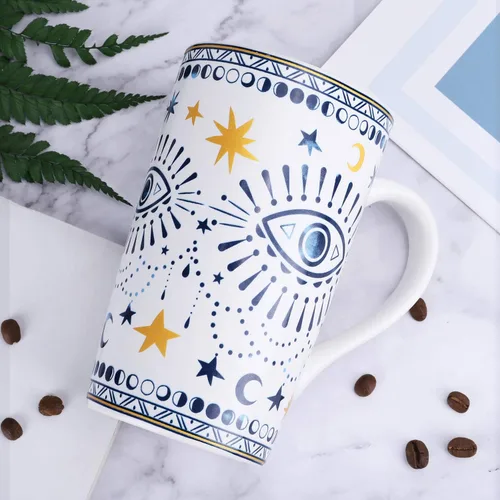 Miniatura 3 de NymphFable Taza de café de cerámica de 18 onzas con diseño de ojos bohemios con asa, taza de té personalizada con patrón de horneado grande