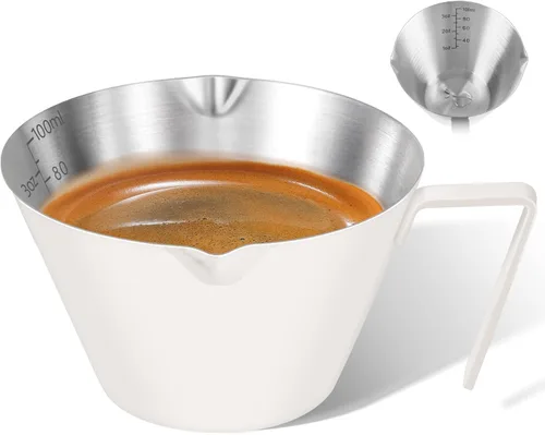 Miniatura 10 de 2 piezas de tazas de espresso de acero inoxidable con asa, taza medidora de metal de doble boquilla con doble escala, taza de espresso con boca