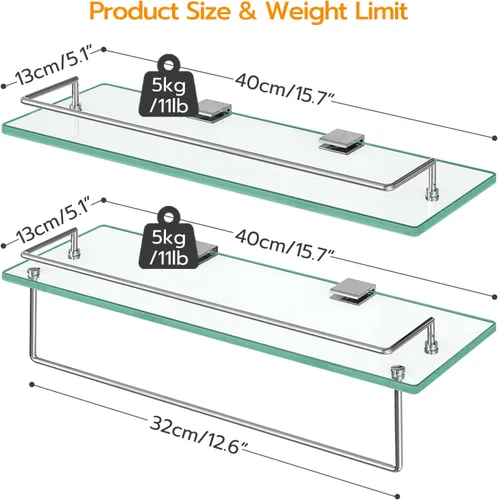 Miniatura 3 de HOOBRO Estantes de vidrio para baño, estante de vidrio flotante de 15.7 pulgadas para pared, juego de 2 soportes montados en la pared de acero