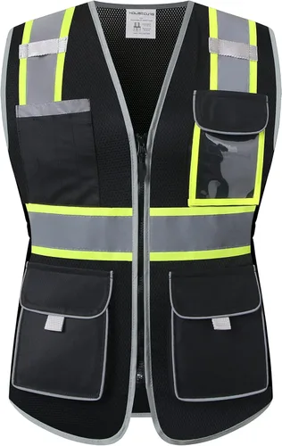 Miniatura 2 de Chaleco de seguridad para mujeres, chaleco de trabajo reflectante de alta visibilidad con 9 bolsillos múltiples y cremallera Negro