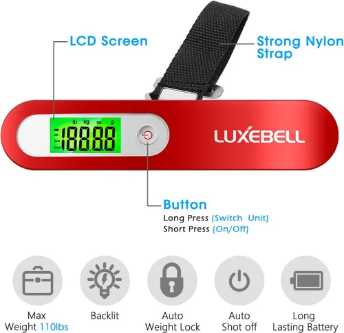 Miniatura 2 de Báscula digital de equipaje de regalo para maleta de viajero, báscula de peso de mano de 110 libras (rojo)