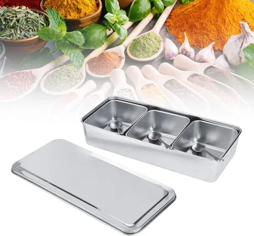 Miniatura 4 de Servidor de condimentos, tarro de condimentos de acero inoxidable de grado alimenticio de 21 onzas con cuchara y tapa, 3 compartimentos extraíbles