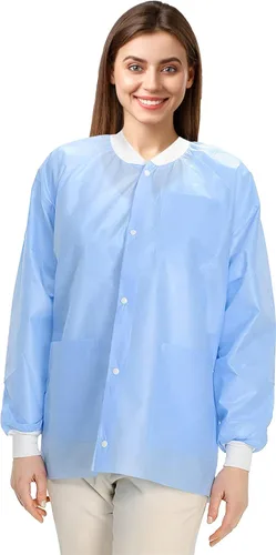 Miniatura 42 de Paquete de 10 chaquetas desechables de laboratorio, chaqueta médica reutilizable hasta la cadera, unisex, con puños de punto y bolsillos