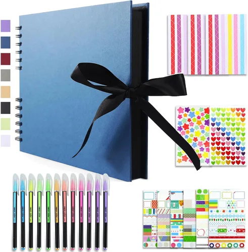 Vienrose Álbum de recortes de 80 páginas, álbum de fotos DIY con accesorios, libro de recuerdos de papel kraft azul marino para bodas, cumpleaños,
