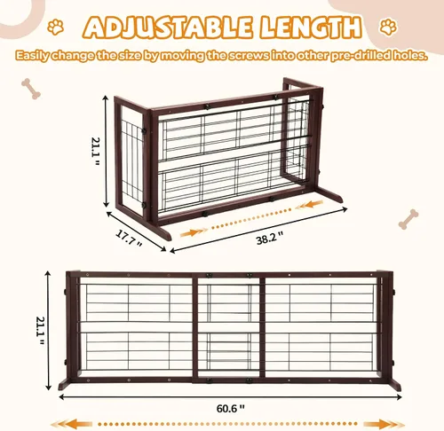 Miniatura 4 de COZIWOW Puerta para perros de 38 a 67 pulgadas, puerta independiente para mascotas, extra ancha, valla de madera para cachorros, puertas de Marrón