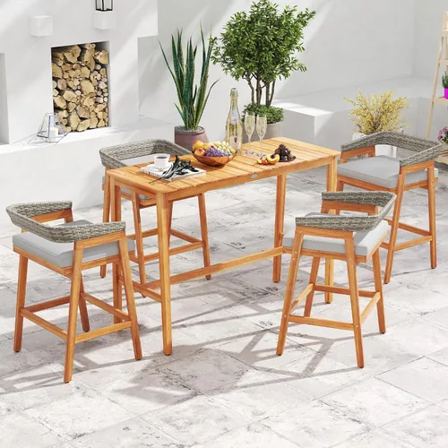 Miniatura 3 de Tangkula Juego de barra de patio de 5 piezas, mesa de madera de acacia para exteriores con 4 taburetes acolchados con respaldo de ratán curvado