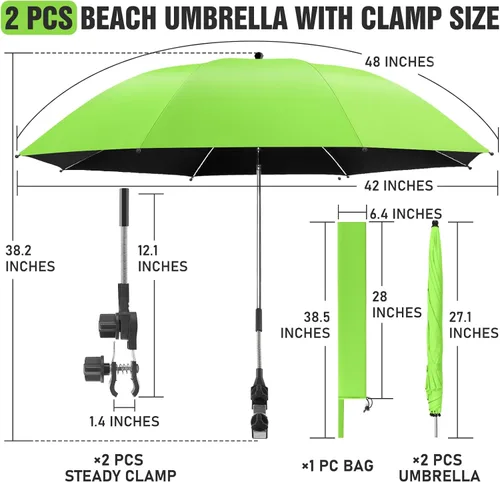 Miniatura 4 de Paquete de 2 paraguas de playa con abrazadera, paraguas ajustable de 360° para silla, paraguas UPF50+ para silla de playa, silla de patio, silla