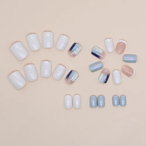Miniatura 2 de Uñas postizas a presión extra cortas cuadradas SWEKKE verano blanco punta francesa uñas postizas de cobertura completa flash azul pegamento uñas S2