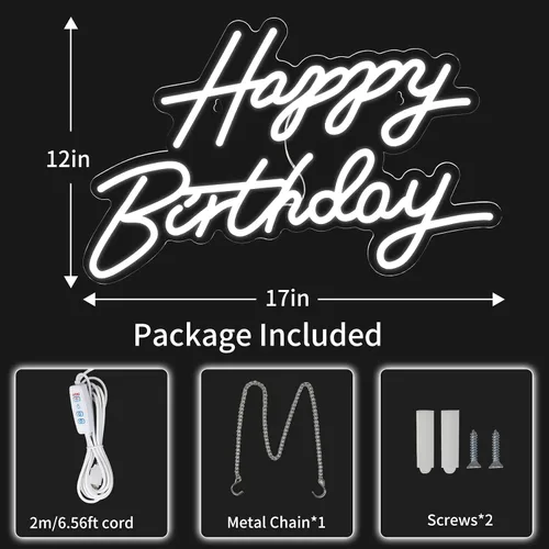 Miniatura 8 de Letrero de neón de feliz cumpleaños para decoración de pared, letrero con luz LED de feliz cumpleaños, luz de neón regulable alimentada por USB