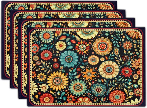 Miniatura 15 de Juego de 4 manteles individuales con estampado de flores de acuarela para decoración de mesa de comedor en el hogar, interior y exterior
