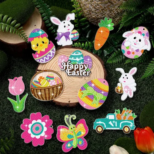 Miniatura 5 de Ferraycle Kit de pintura de diamante de Pascua de 12 piezas, kits de arte de diamantes 5D DIY con huevo de Pascua, conejo, zanahoria, adornos
