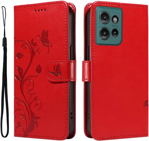 Miniatura 62 de Funda para Motorola Moto E22/E22i, piel sintética, con tarjetero y correa para la muñeca, a prueba de golpes, funda magnética para Motorola Moto Rojo