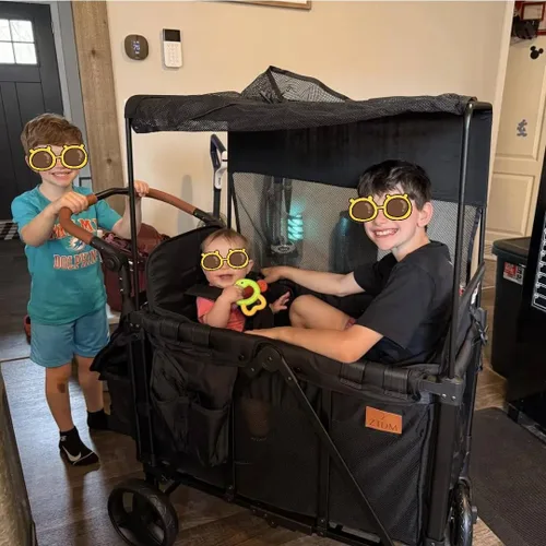 Miniatura 9 de ZTDM - Cochecito estilo carrito para 2 niños, asiento alto y arnés de 5 puntos, carrito todoterreno plegable para niño pequeño con toldo