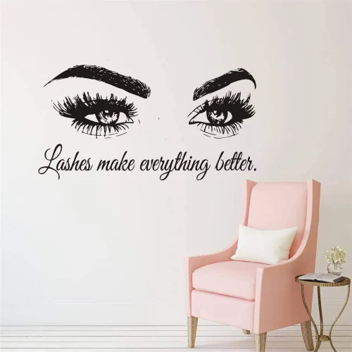 Miniatura 3 de Calcomanía de pared con texto en inglés "Lashes Make Everything Better", adhesivo de vinilo para salón de belleza, sala de maquillaje, espejo