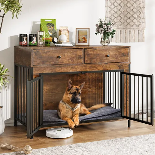 Miniatura 8 de LEMBERI Mueble de jaula para perros grande de 44 pulgadas, mesa auxiliar de madera para perros con cajones de almacenamiento, jaula decorativa