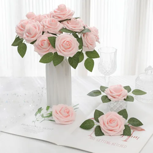 Miniatura 3 de DerBlue 60 rosas artificiales de aspecto real, rosas artificiales de espuma para decoración de bodas, arreglos, fiestas, decoración del hogar