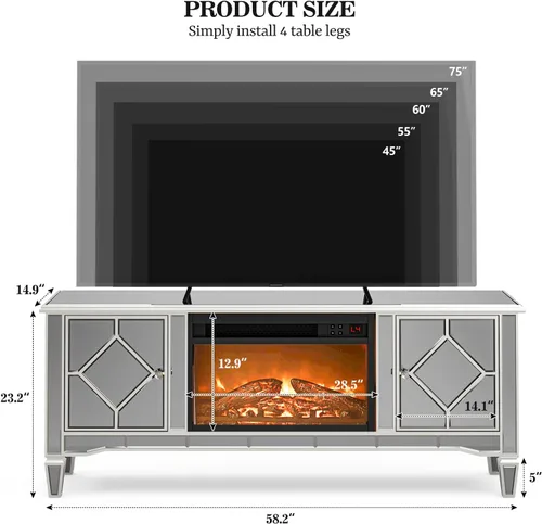 Miniatura 8 de IKIFLY Soporte de TV con espejo con chimenea para TV de más de 75 pulgadas, centro de entretenimiento con chimenea eléctrica plateada con 7