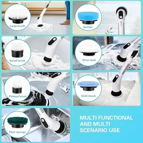 Miniatura 6 de Limpiador eléctrico giratorio, cepillo de limpieza de ducha inalámbrico impermeable con cabezales de cepillo reemplazables y mango de extensión