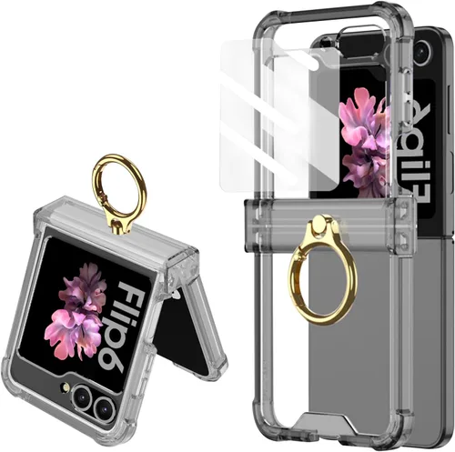 Funda transparente para Samsung Galaxy Z Flip 6, protección de bisagra de lujo con soporte de anillo y protector de pantalla, funda suave todo Negro