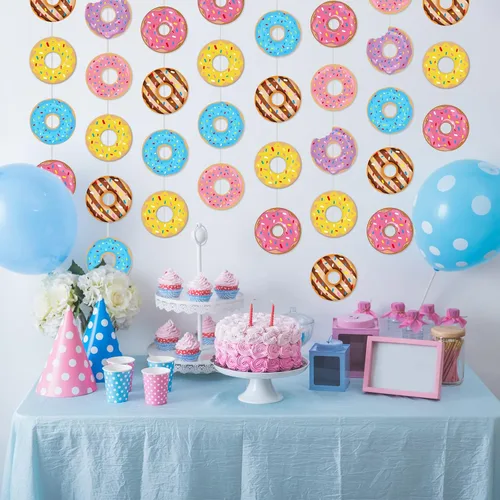 Miniatura 4 de 8 pancartas de dona para fiesta de cumpleaños, suministros de dona, decoración de dona, fiesta, colgante, remolino, recortes, kit de guirnalda