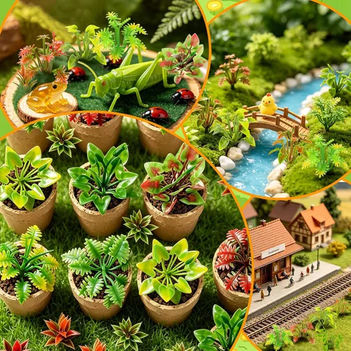 Miniatura 6 de Rileryan 90 piezas de plantas modelo mixtas plantas en miniatura, mini arbustos verdes, modelo de arbustos para tren, paisaje, ferrocarril, arena