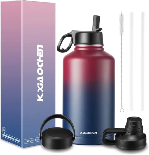 Miniatura 19 de KXIAOCHEN Botella de agua aislada, botella de agua de acero inoxidable, 2 tapas (con pajilla y tapa con asa), botellas de agua metálicas de boca