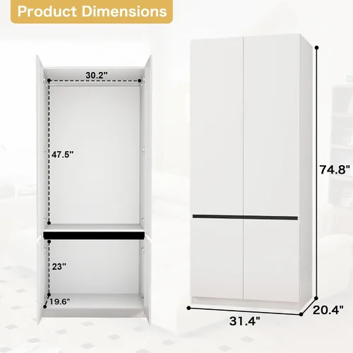 Miniatura 2 de Armario blanco Armario: Armario de madera de 74 pulgadas con 2 puertas, Armarios de dormitorio con barra para colgar, armario alto para colgar ropa