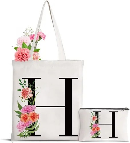 Miniatura 27 de Bolsa de lona con letra inicial personalizada, regalo para el día de la madre, damas de honor, novia, cumpleaños, boda Flower-D