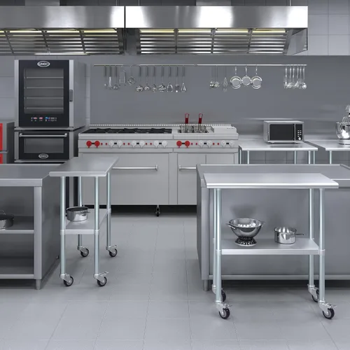 Miniatura 3 de Mesa de trabajo comercial de acero inoxidable con estante inferior y ruedas (24x72)