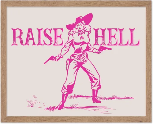 Miniatura 58 de Poster Master Póster retro de vaquera rosa con texto en inglés "Raise Hell", diseño de pared occidental, regalo para hombres y mujeres, decoración