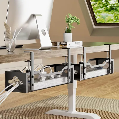 Miniatura 8 de Paquete de 2 bandejas para organizar cables debajo del escritorio, organizador de cables de 13.38 pulgadas sin taladros, organizador de cables