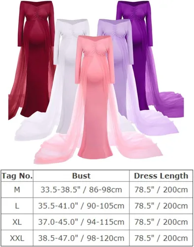 Miniatura 5 de Vestido de maternidad de manga larga con hombros descubiertos para mujer, de tul elegante, ajustado, para baby shower, fotografía, maxi vestido