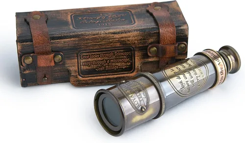 Telescopio de vidrio espía de latón antiguo 1920 de 15 pulgadas con funda de cuero de primera calidad, plegable, 15 x visión clara, pirata vintage y