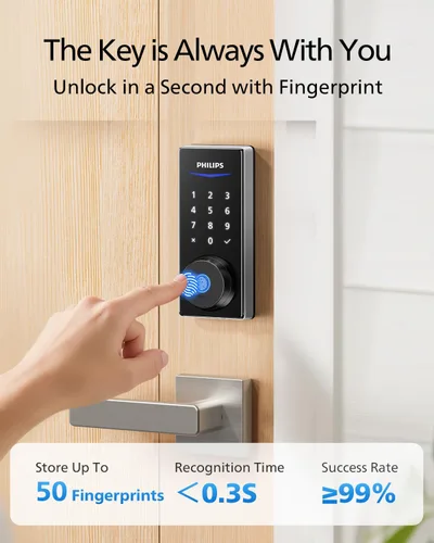 Miniatura 4 de Cerradura inteligente Philips WiFi con asa, cerradura de puerta sin llave con huella dactilar y puente WiFi, cerraduras inteligentes para puerta