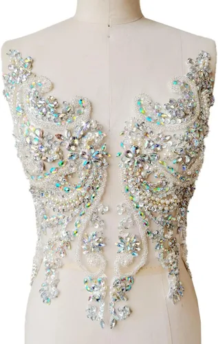 Miniatura 8 de Apliques de encaje hechos a mano con diamantes de imitación para coser en cuentas y lentejuelas para accesorios de ropa de vestido, (verde)