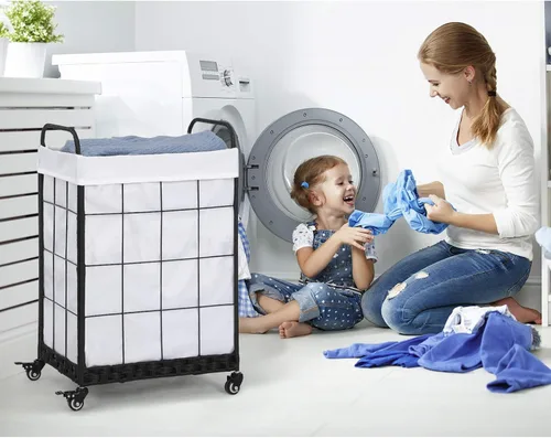Miniatura 2 de Cesta de lavandería resistente con ruedas enrollables con cerradura, cesta de lavandería duradera y plegable con bolsa extraíble y asa de metal