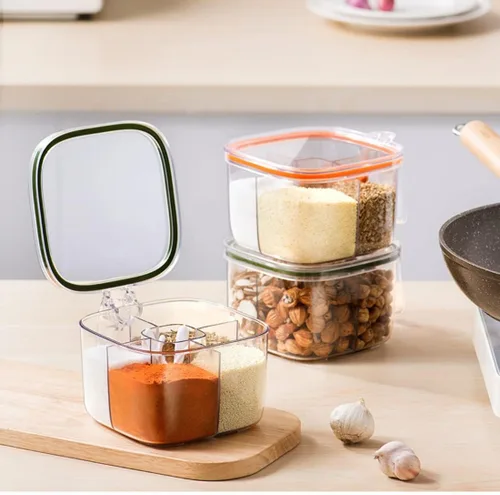 Miniatura 2 de Caja transparente de marca, juego de recipientes sellados de 4 compartimentos con tapa, cubierta y cucharas de servir, tarros de plástico