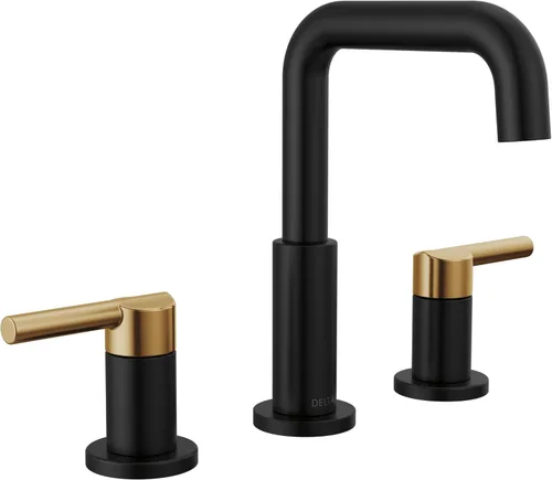 Delta Nicoli - Grifo de lavabo de baño con 3 agujeros, 8 pulgadas para lavabo de baño, montaje de drenaje push-pop, negro mate/bronce champán