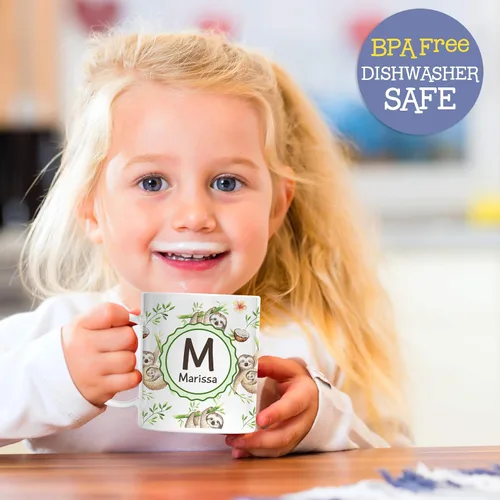 Miniatura 2 de Taza personalizada de perezoso para niños con nombre e inicial. Taza personalizada para niños pequeños con lindos perezosos colgantes. Sin BPA