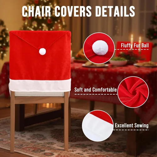 Miniatura 3 de Smiry - Juego de 4 fundas para sillas navideñas, con diseño de gorro rojo de Papá Noel, para el comedor, fundas extraíbles y lavables