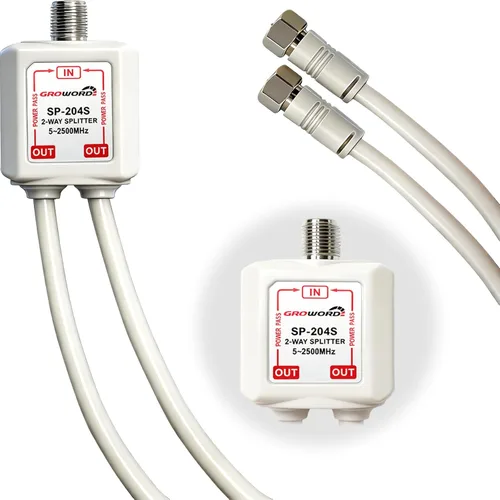 Divisor de satélite de 5 a 2500 MHz, divisor CATV de 2 vías con cable coaxial RG6 y 2 conectores, para alimentación de paso a LNB, mejora la calidad